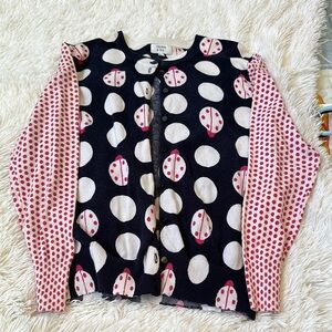 Navy and White Polka Dot Cardigan with Pink Accents